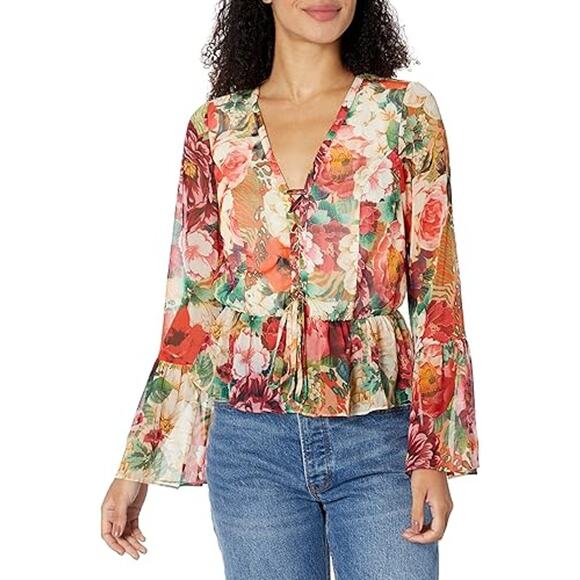 NWT Guess Long Sleeve Demi Blouse Peony Animal Print Women's Size XS Boho Flower - Picture 2 of 10
